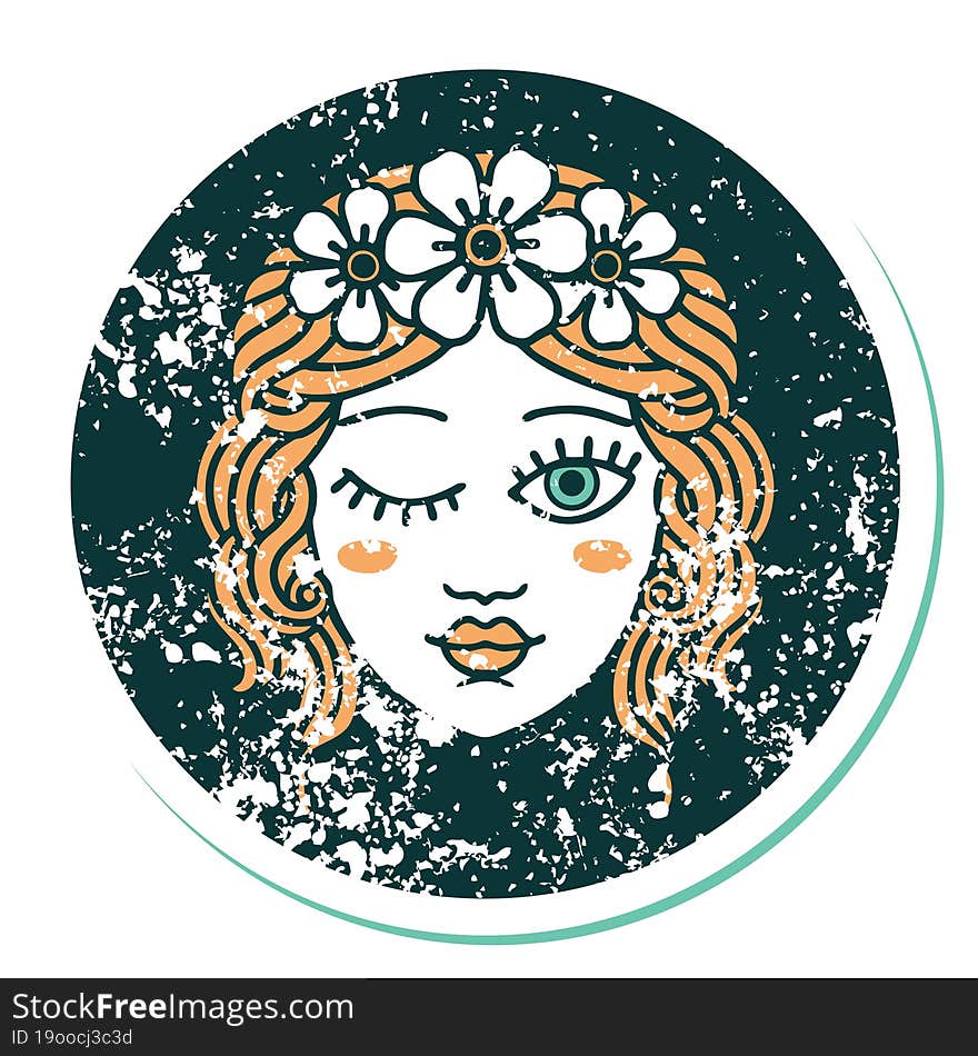 distressed sticker tattoo style icon of a maidens face winking