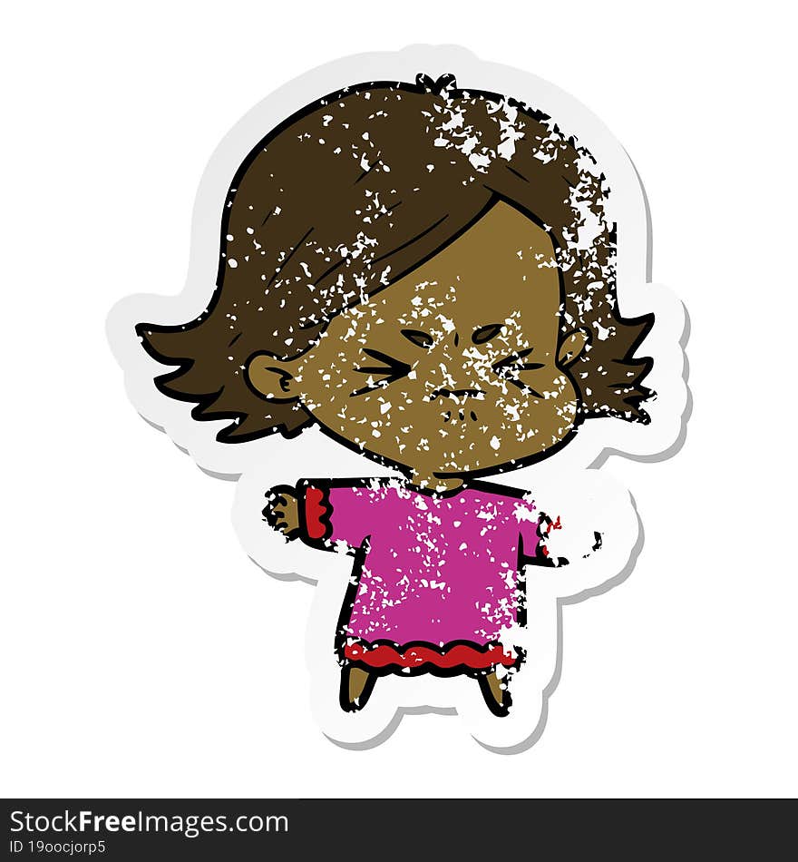 distressed sticker of a cartoon angry woman