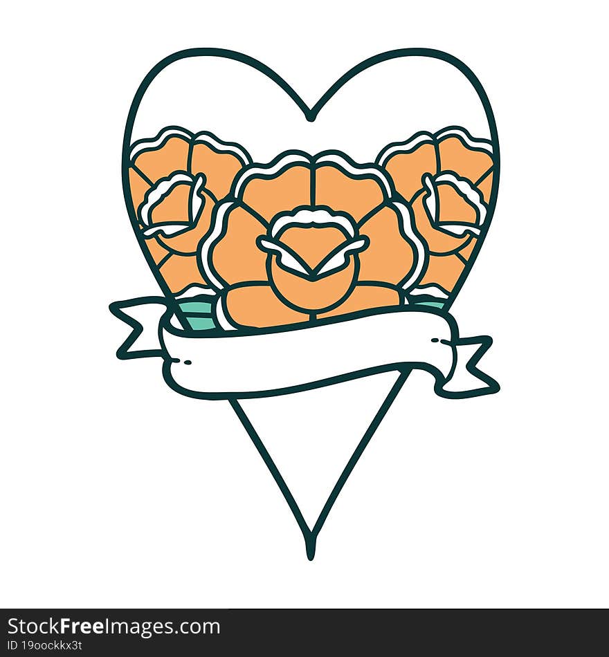 tattoo style icon of a heart and banner with flowers