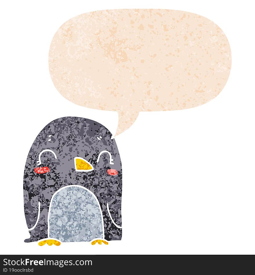 cartoon penguin and speech bubble in retro textured style