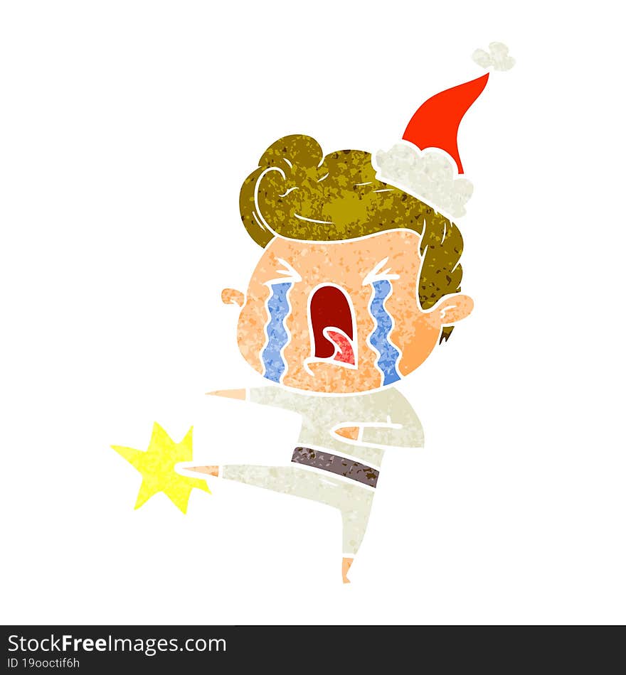 hand drawn retro cartoon of a crying man wearing santa hat