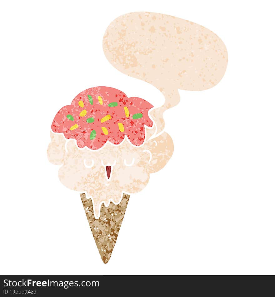 Cartoon Ice Cream And Speech Bubble In Retro Textured Style