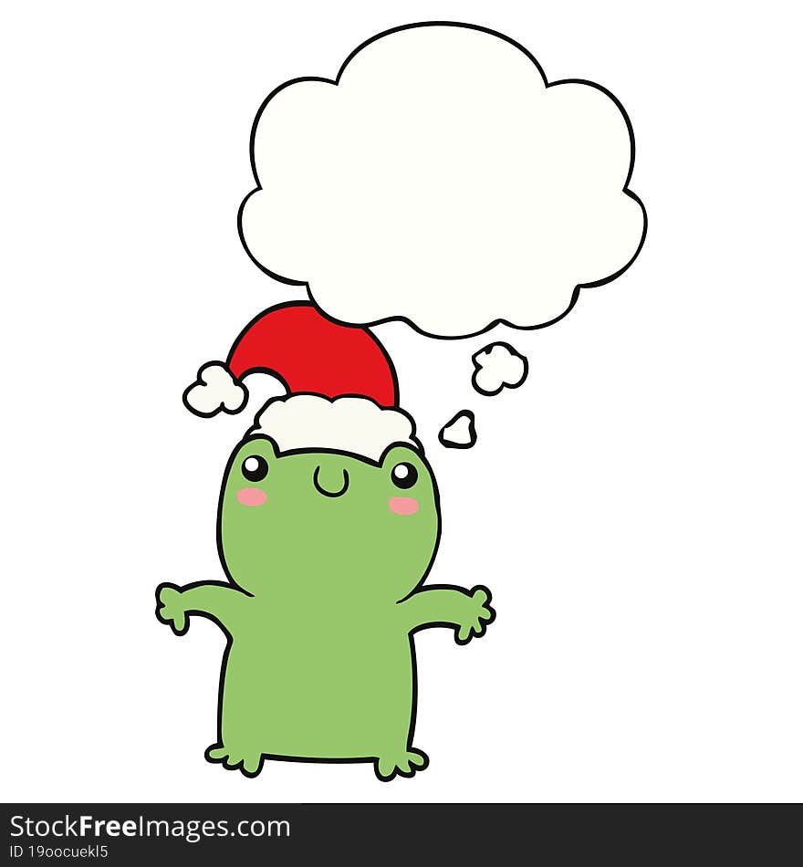 cute cartoon frog wearing christmas hat with thought bubble