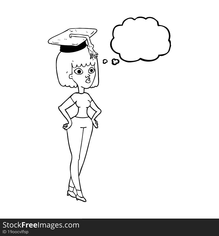 thought bubble cartoon woman with graduation cap