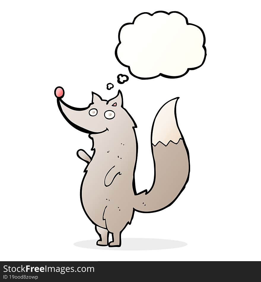 cartoon waving wolf with thought bubble