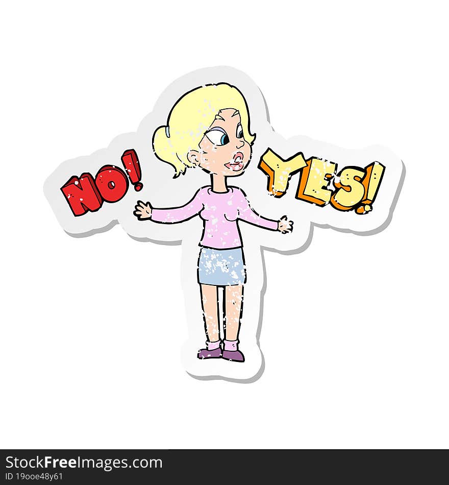 retro distressed sticker of a cartoon woman making choice