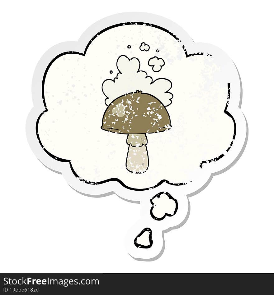 cartoon mushroom with spore cloud and thought bubble as a distressed worn sticker