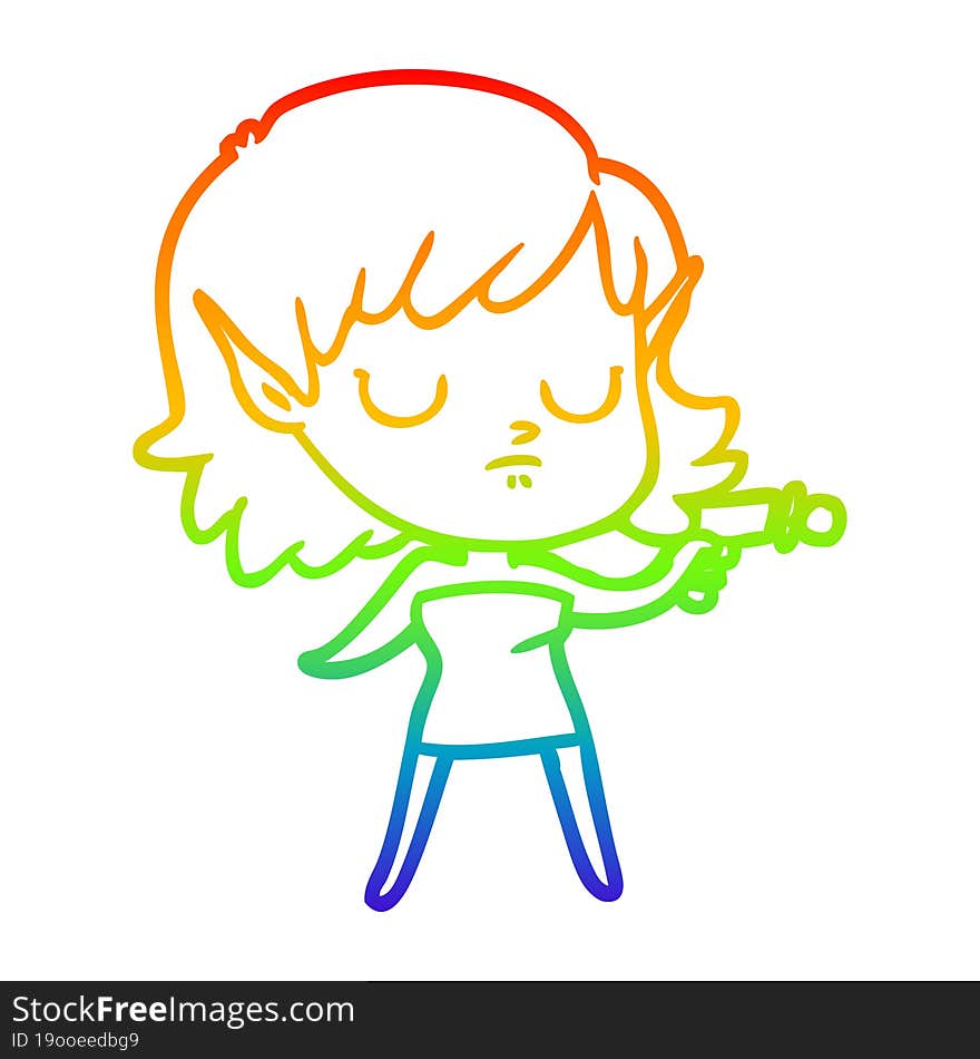 rainbow gradient line drawing of a cartoon elf girl