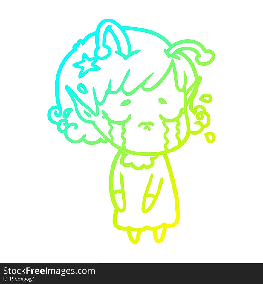 cold gradient line drawing cartoon crying alien girl