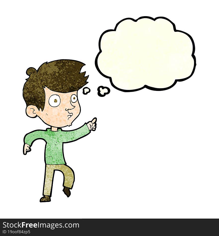 cartoon pointing boy with thought bubble