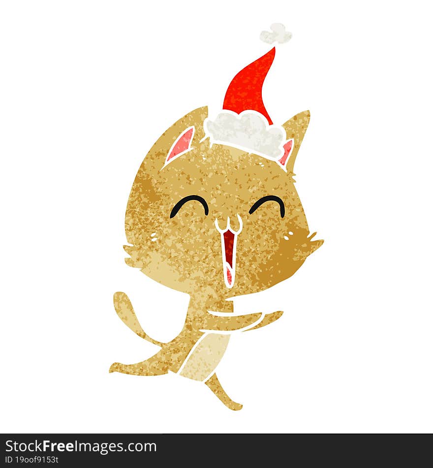 happy retro cartoon of a cat meowing wearing santa hat