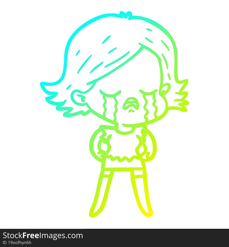 cold gradient line drawing of a cartoon girl crying