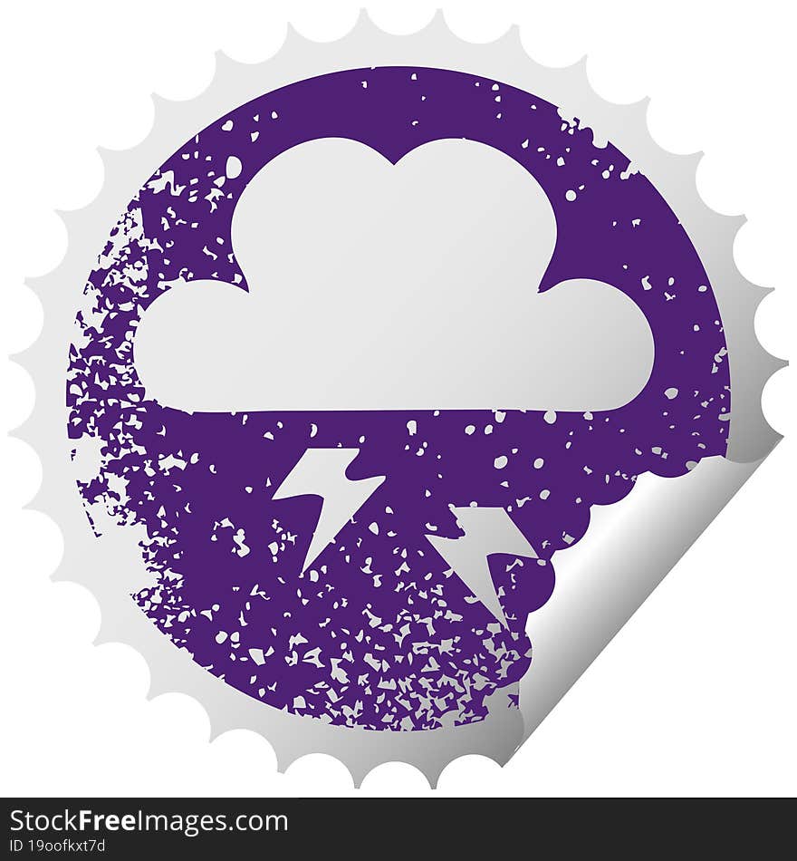 distressed circular peeling sticker symbol thunder cloud