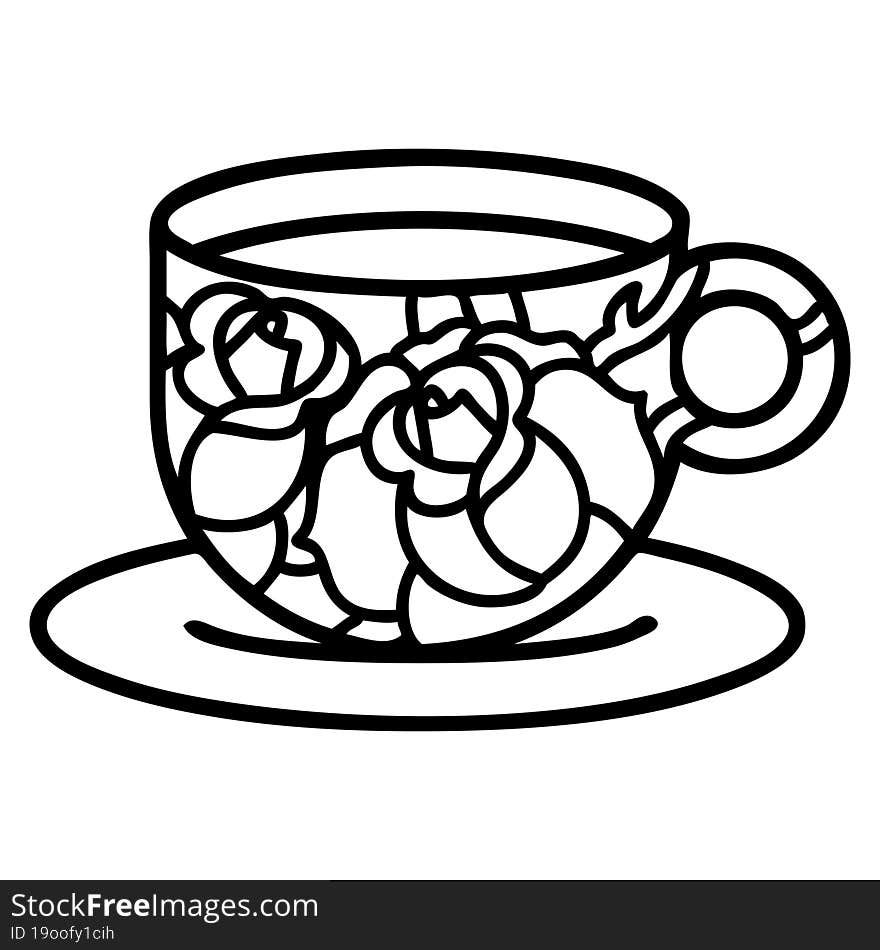 black line tattoo of a cup and flowers