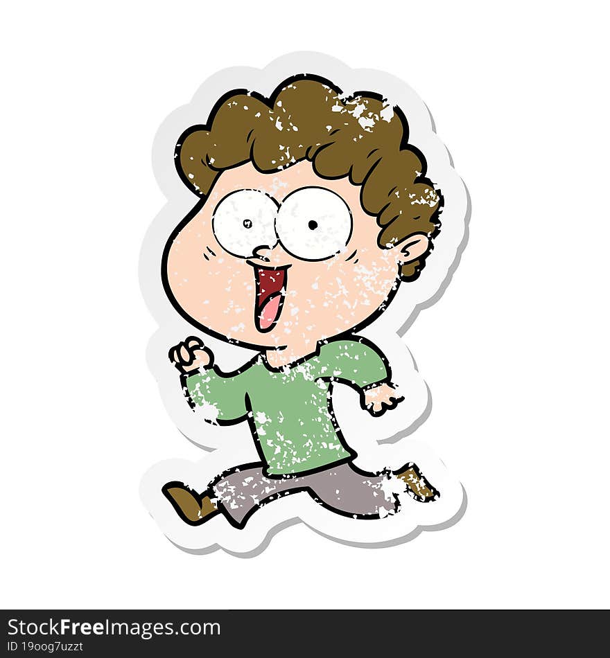 distressed sticker of a cartoon happy man