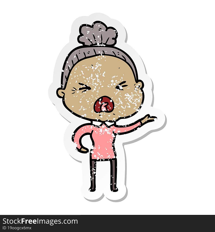 distressed sticker of a cartoon angry old woman