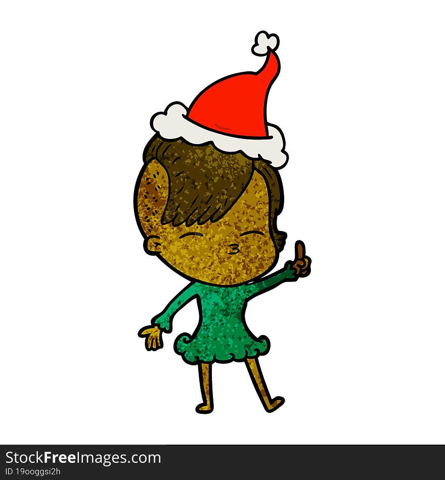 textured cartoon of a squinting girl wearing santa hat