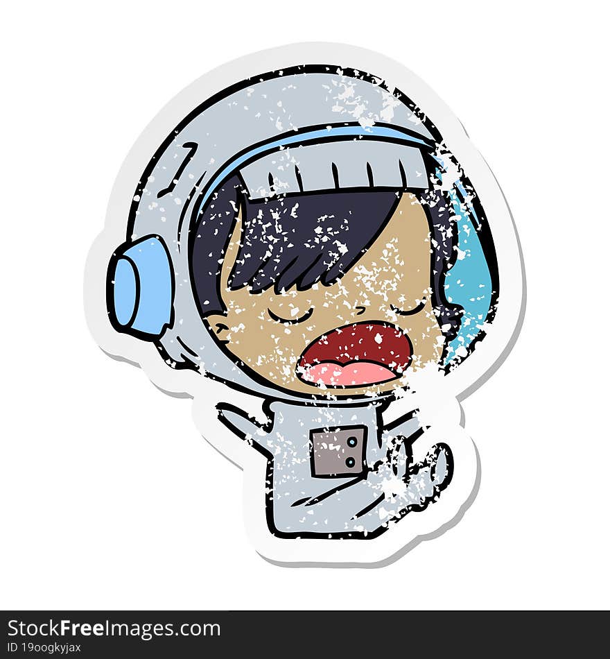 distressed sticker of a cartoon astronaut woman explaining