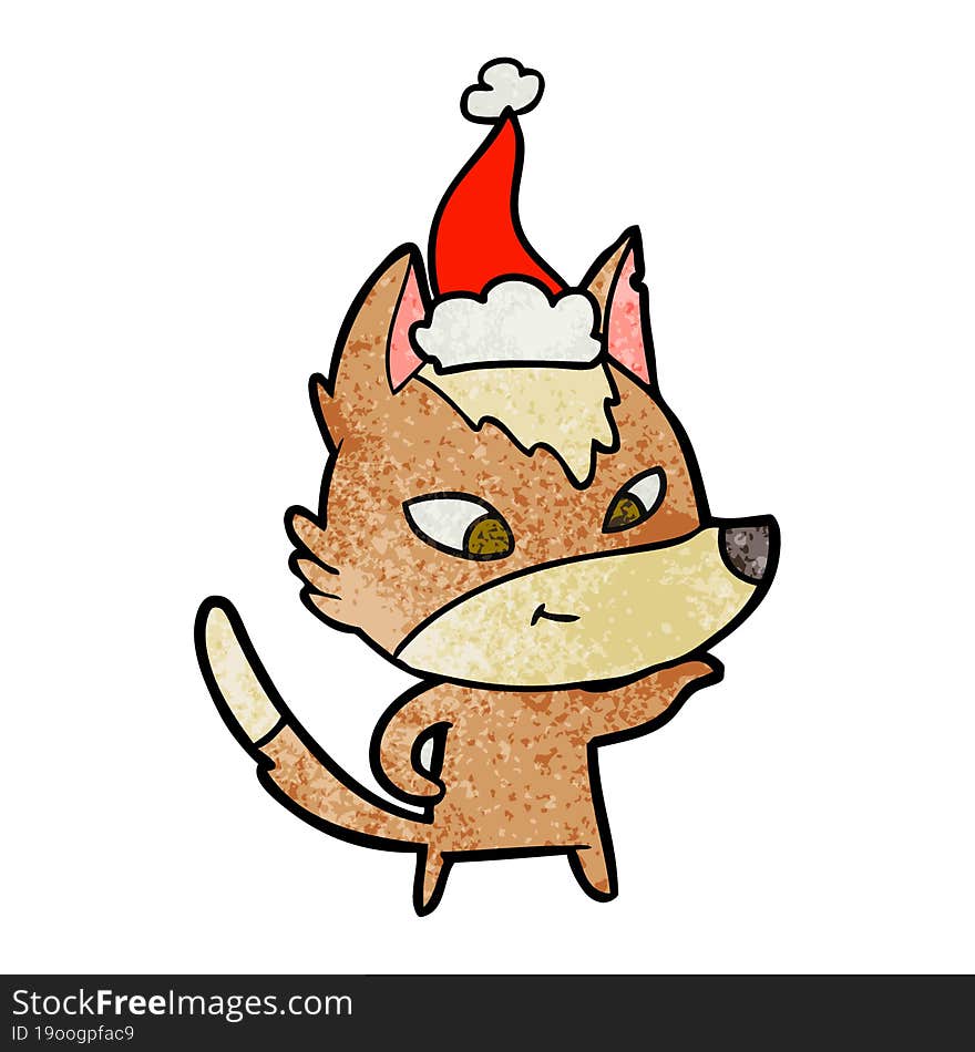 friendly textured cartoon of a wolf wearing santa hat