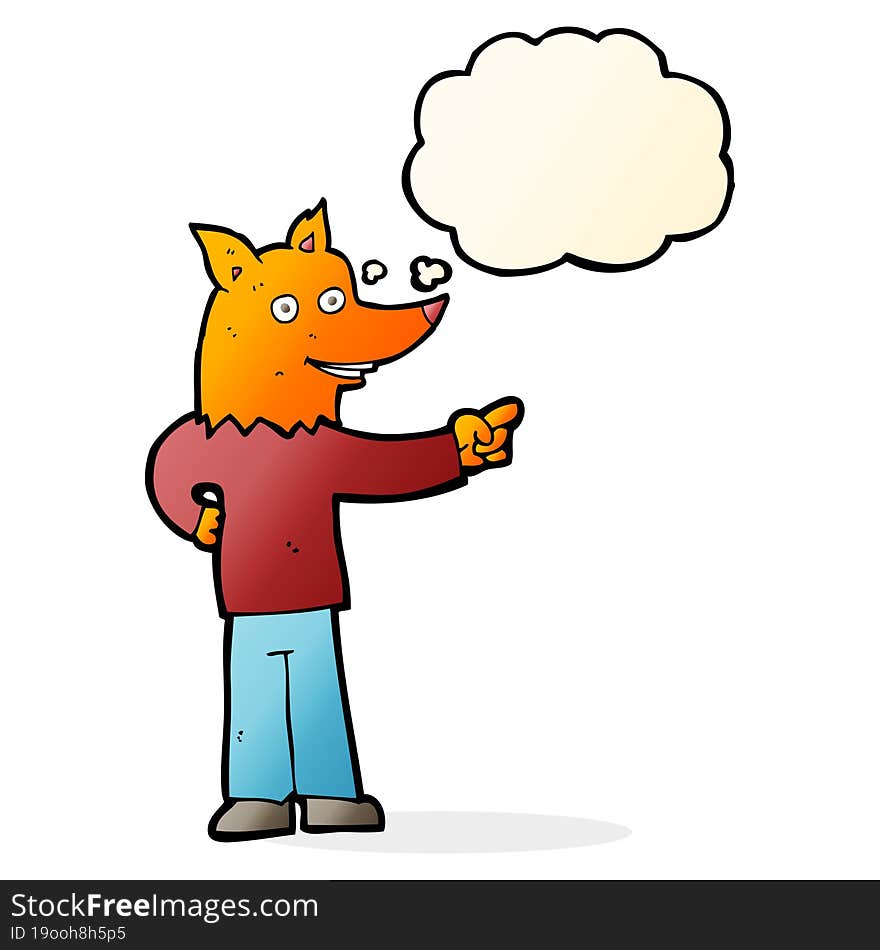 cartoon fox man pointing with thought bubble