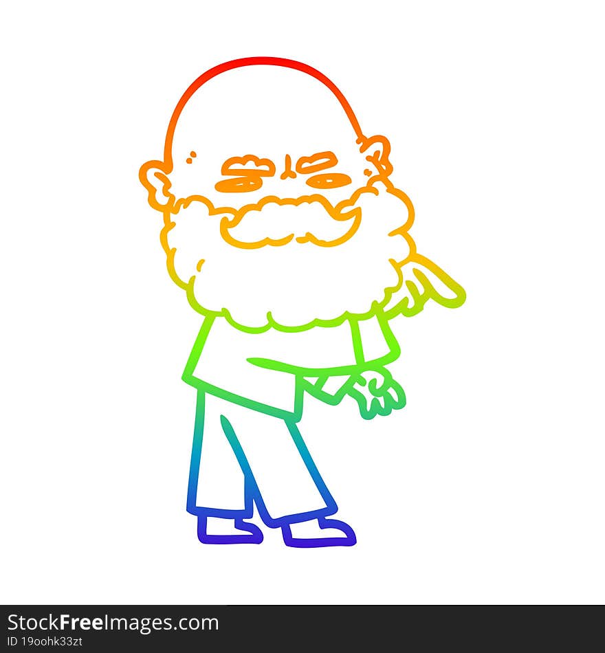 rainbow gradient line drawing cartoon man with beard frowning and pointing