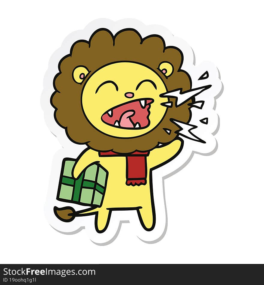 sticker of a cartoon roaring lion with present