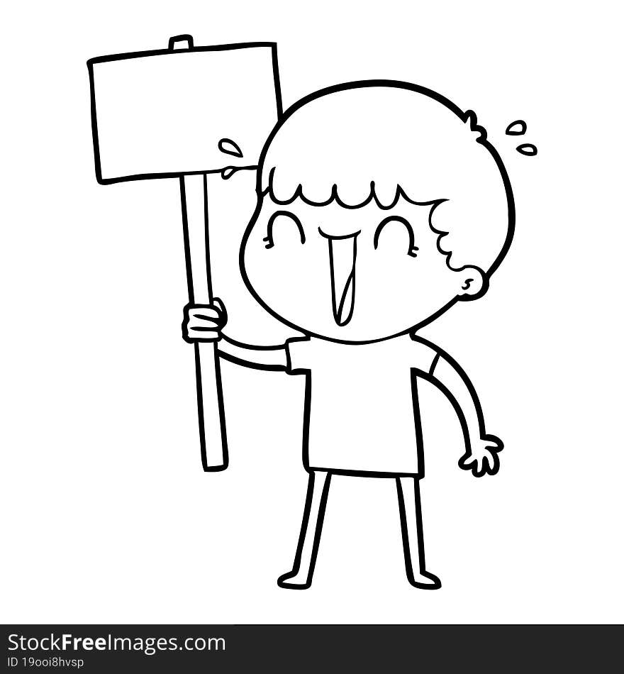 laughing cartoon man waving placard. laughing cartoon man waving placard