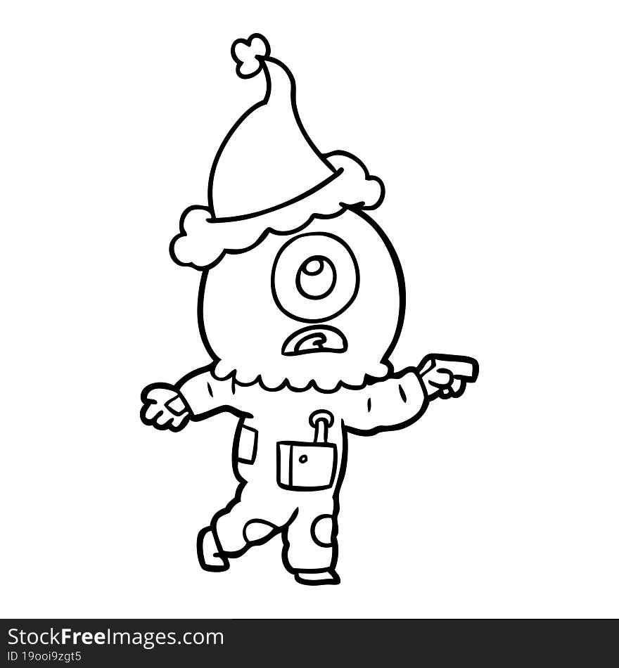 hand drawn line drawing of a cyclops alien spaceman pointing wearing santa hat