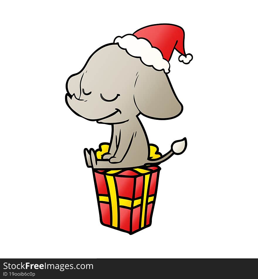 gradient cartoon of a smiling elephant wearing santa hat