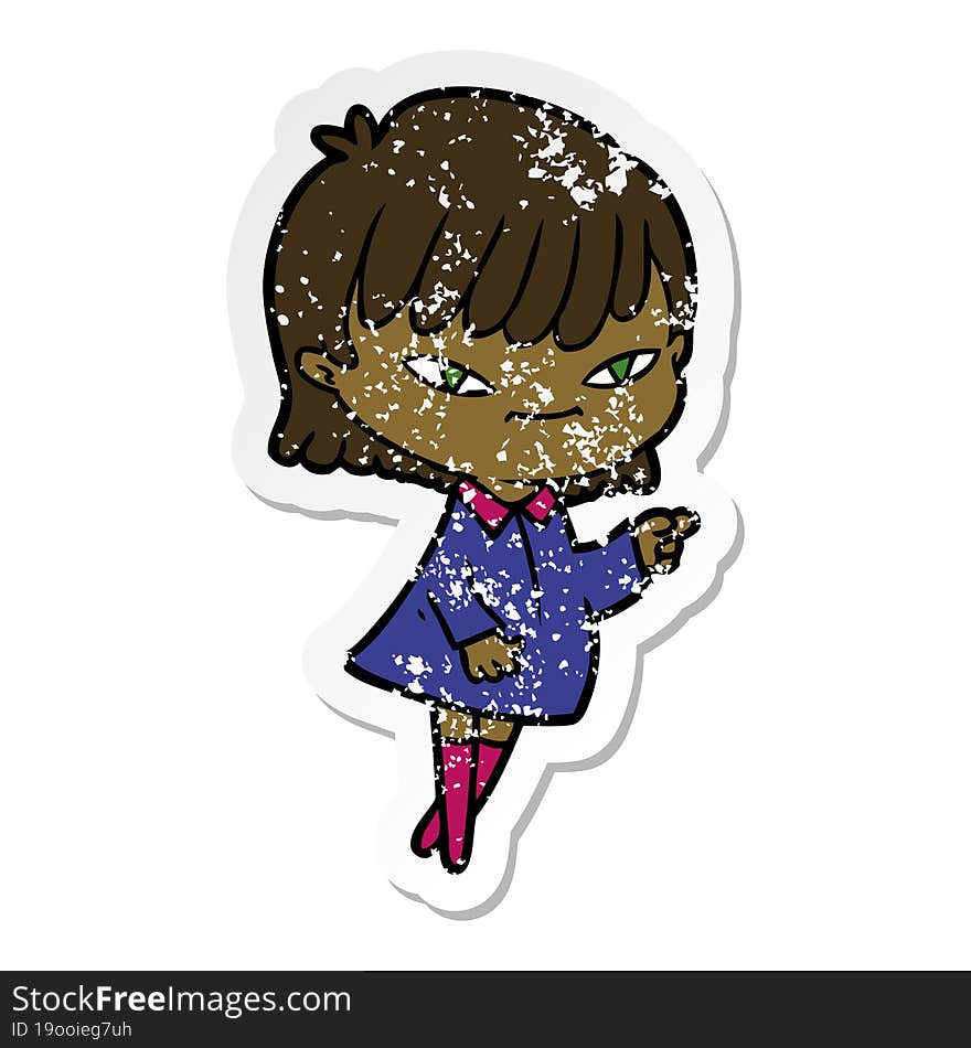 distressed sticker of a cartoon pointing woman