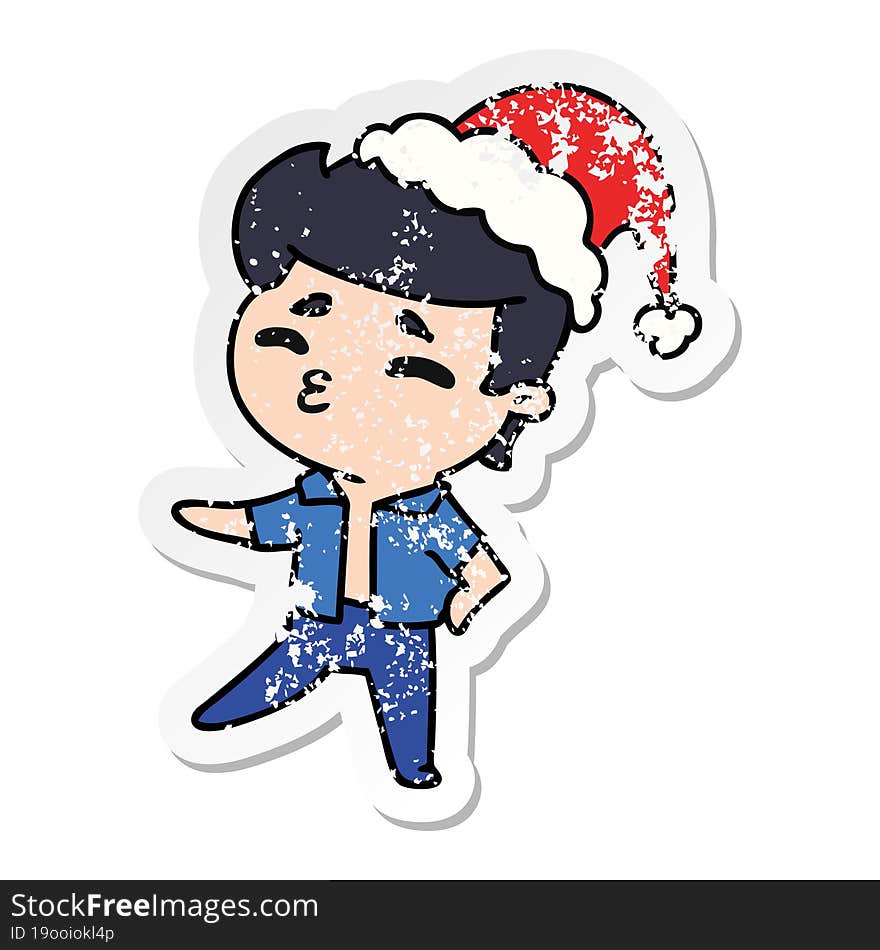 hand drawn christmas distressed sticker cartoon of kawaii boy