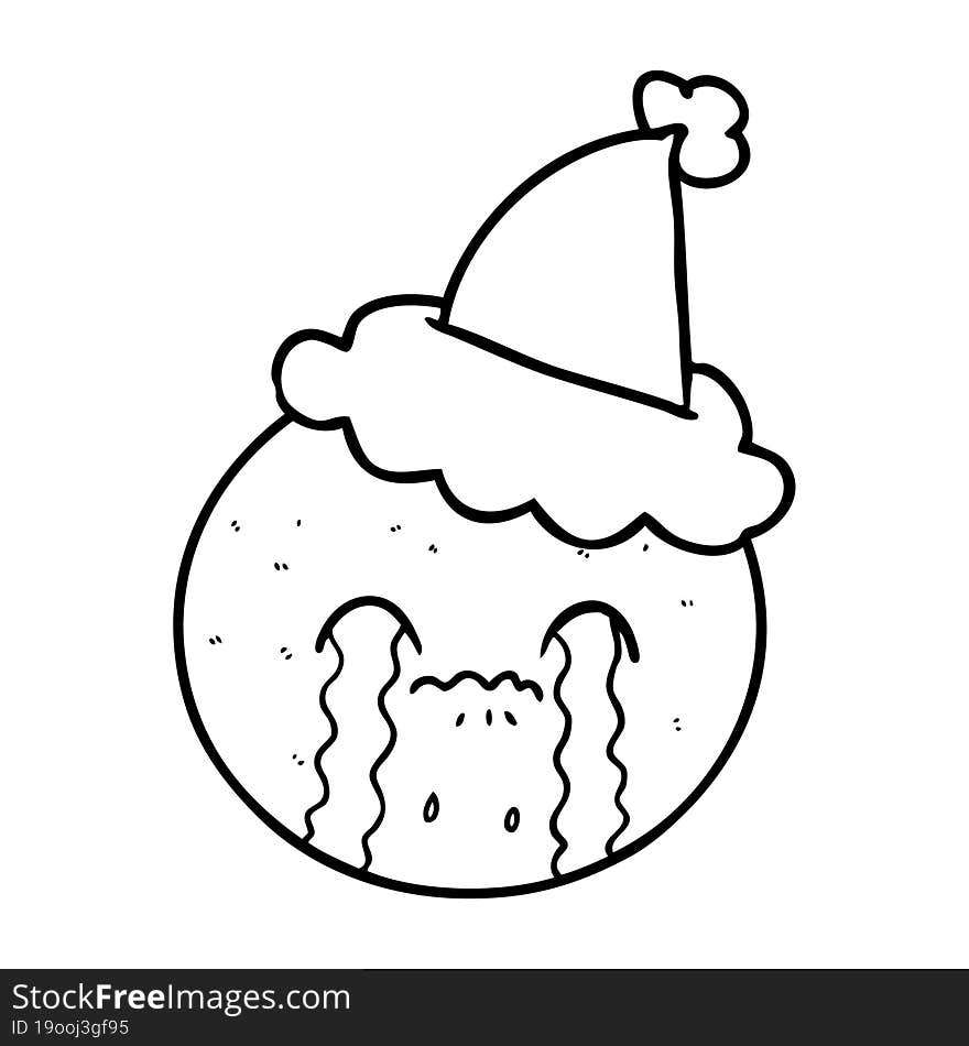 hand drawn line drawing of a orange wearing santa hat