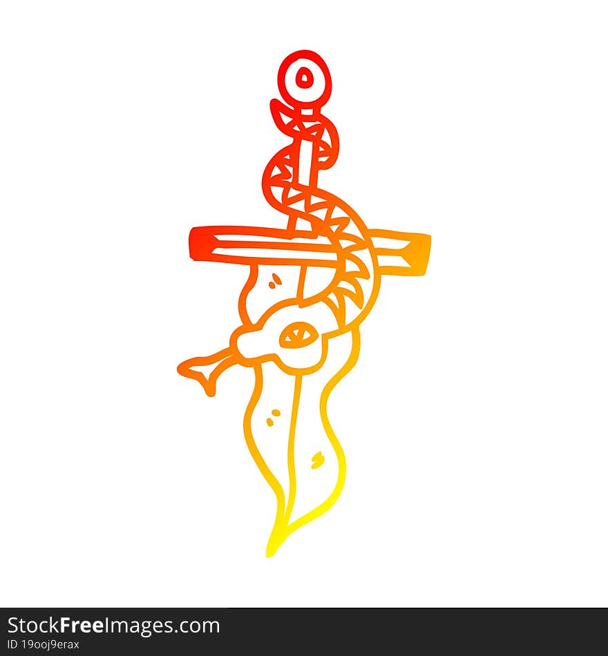 warm gradient line drawing cartoon dagger and snake tattoo