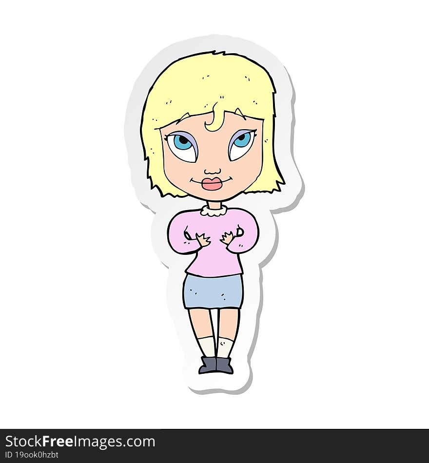 sticker of a cartoon woman gesturing at self
