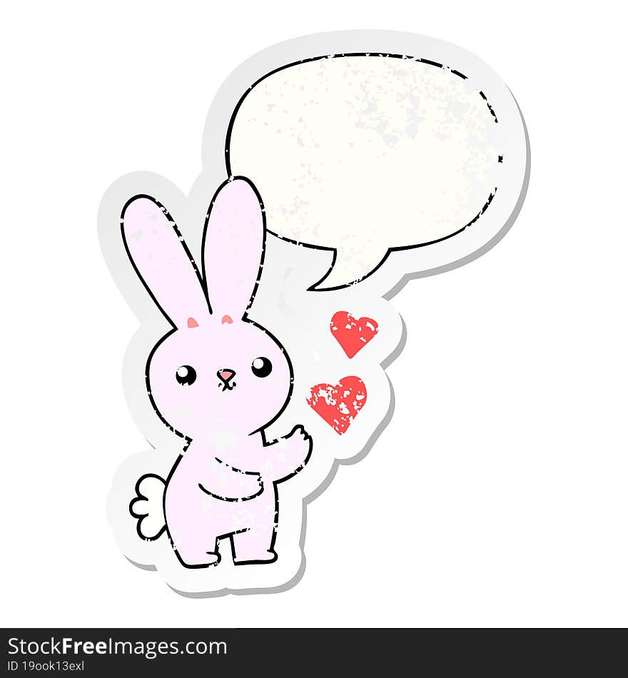 Cute Cartoon Rabbit And Love Hearts And Speech Bubble Distressed Sticker