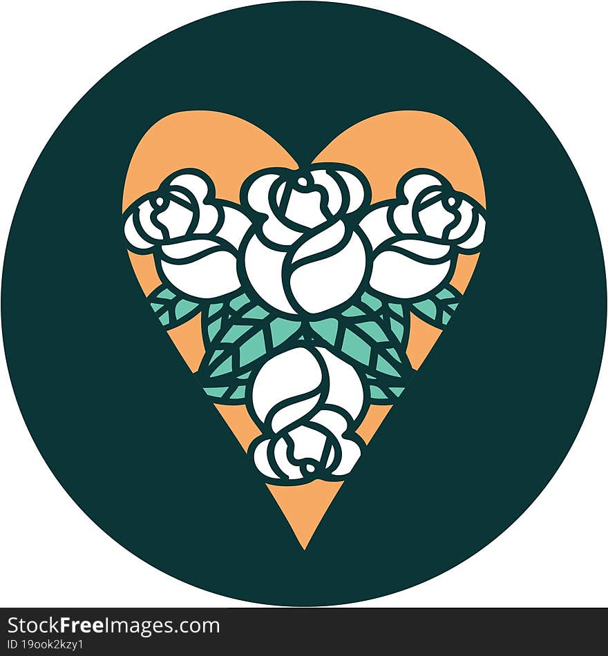 iconic tattoo style image of a heart and flowers. iconic tattoo style image of a heart and flowers