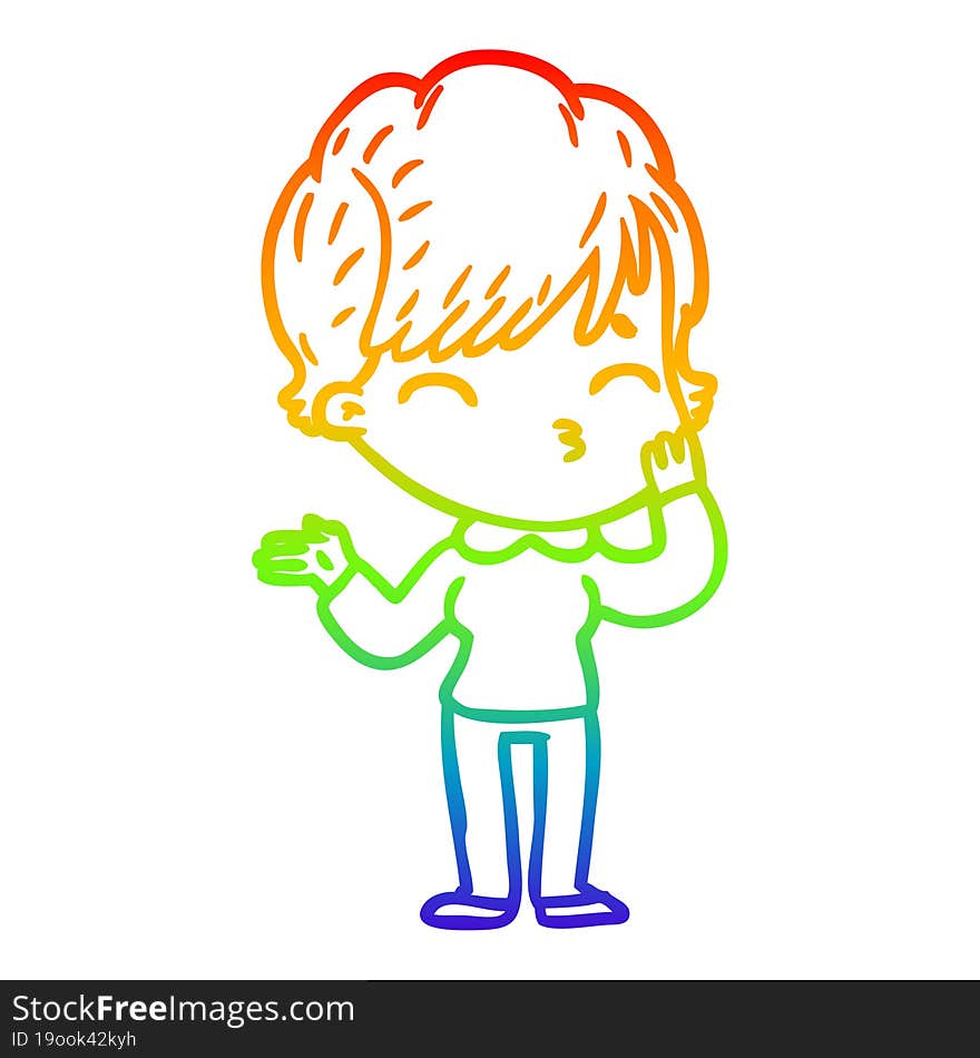 Rainbow Gradient Line Drawing Cartoon Woman Thinking