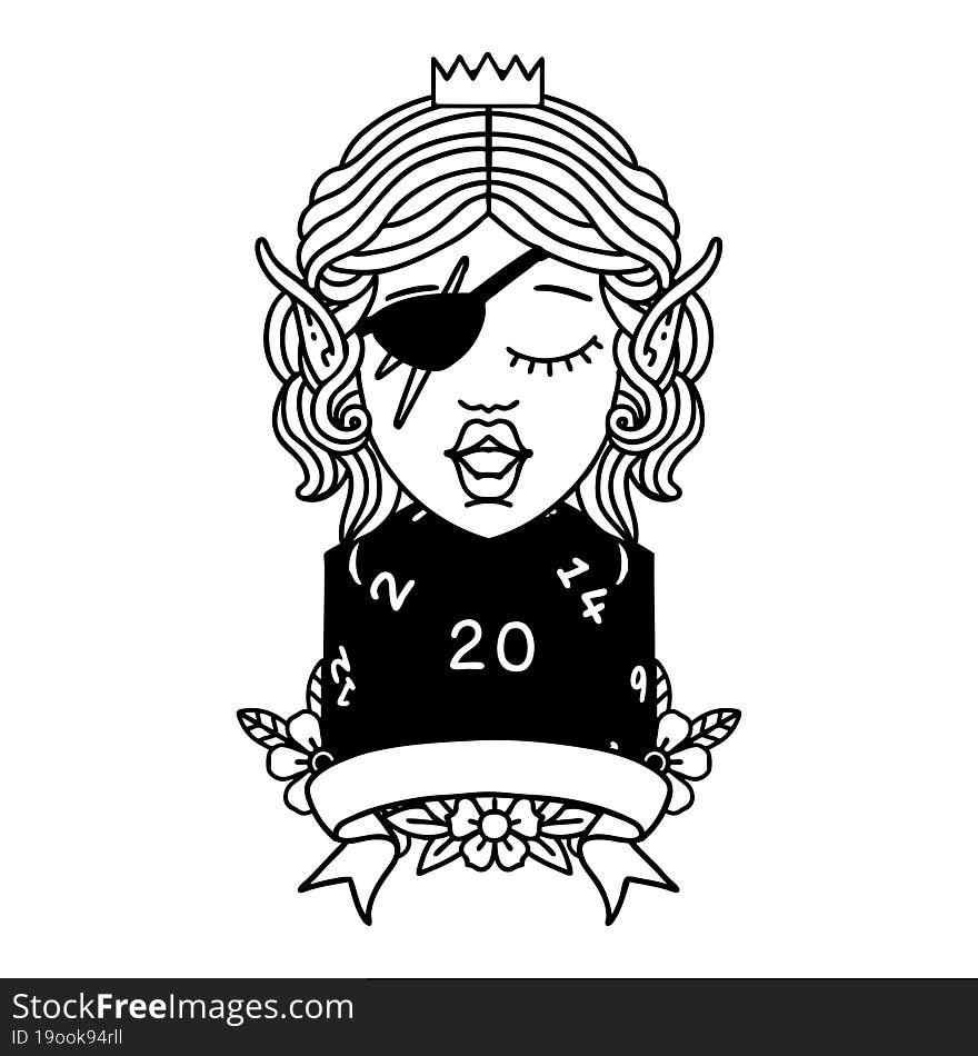 Black and White Tattoo linework Style elf rogue character with natural twenty dice roll. Black and White Tattoo linework Style elf rogue character with natural twenty dice roll