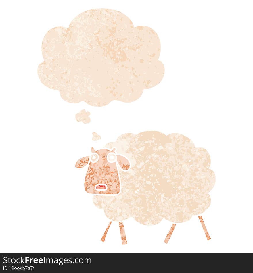 cartoon sheep and thought bubble in retro textured style