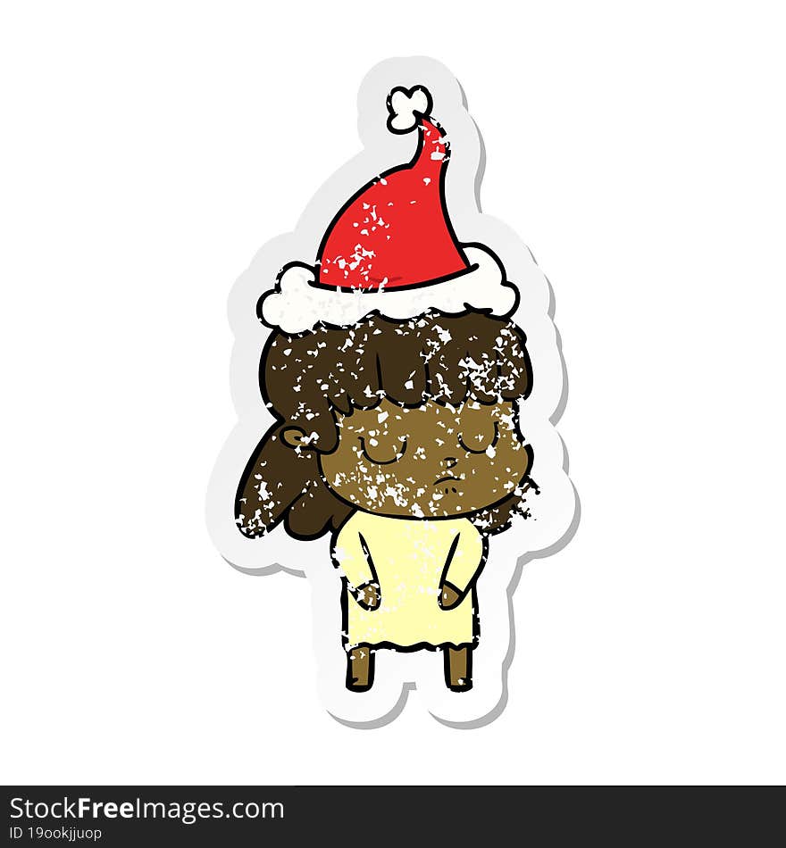 distressed sticker cartoon of a indifferent woman wearing santa hat