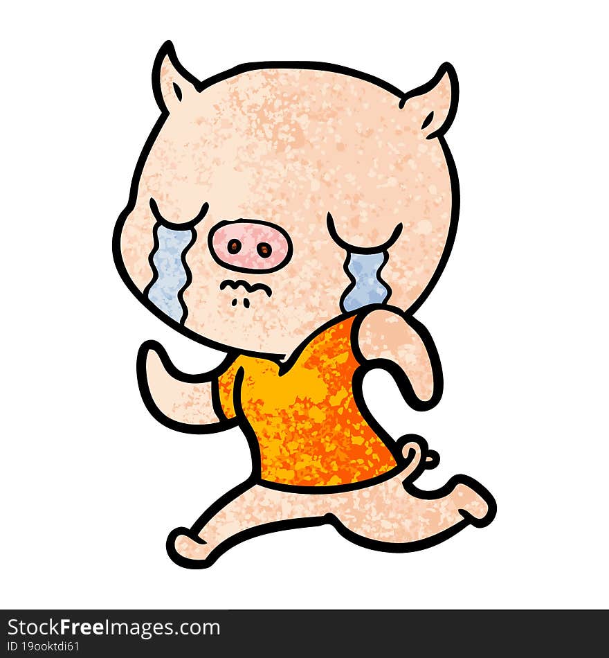 cartoon pig crying running away. cartoon pig crying running away