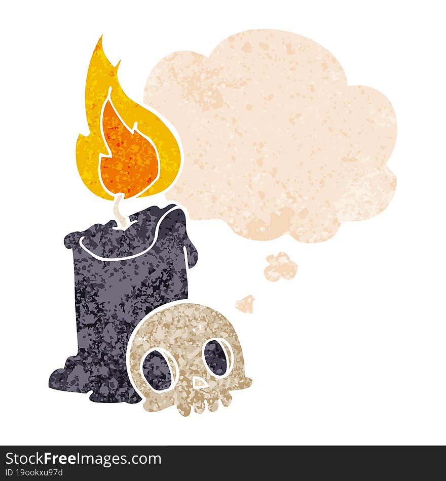 cartoon skull and candle and thought bubble in retro textured style