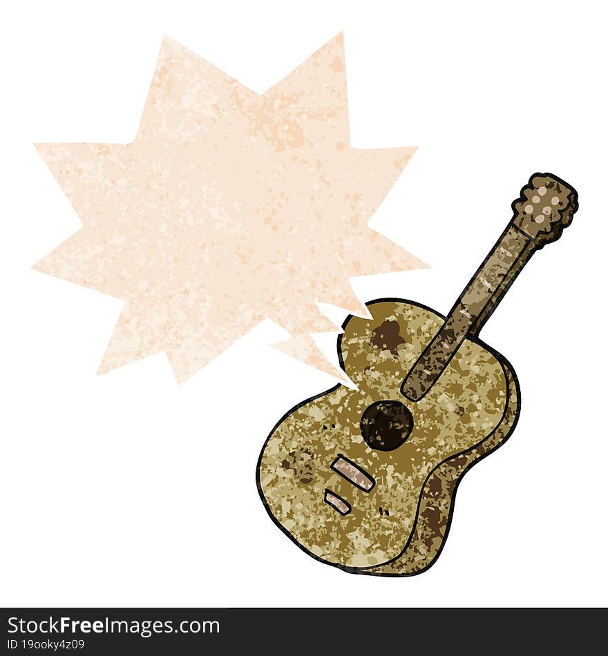 cartoon guitar and speech bubble in retro textured style