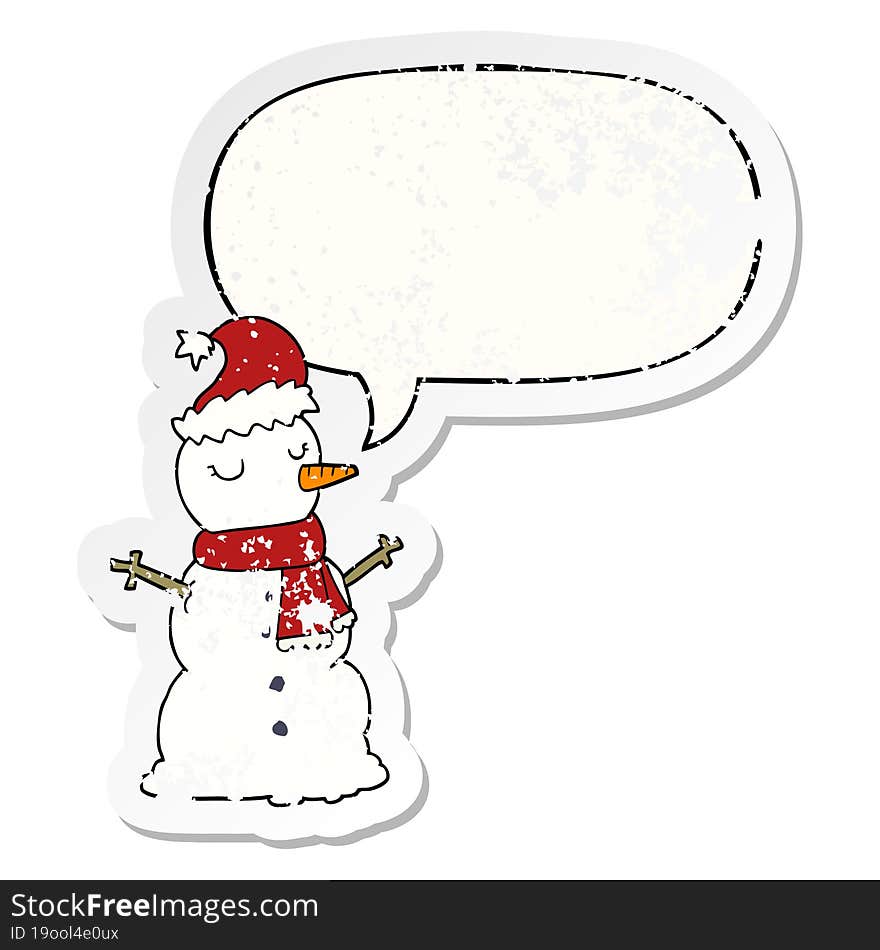 cartoon snowman with speech bubble distressed distressed old sticker. cartoon snowman with speech bubble distressed distressed old sticker