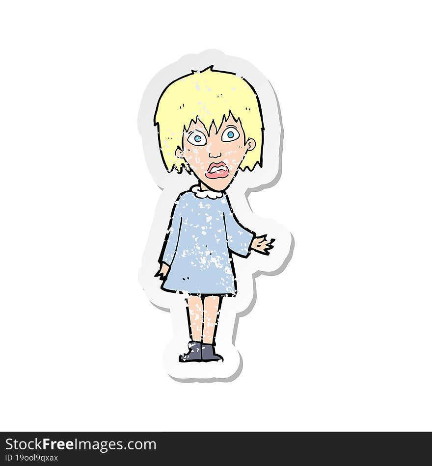 retro distressed sticker of a cartoon shocked woman