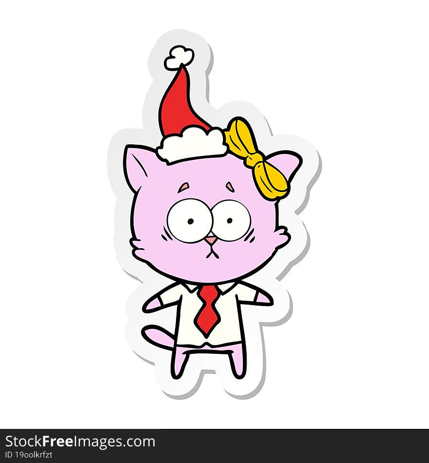 hand drawn sticker cartoon of a cat wearing santa hat