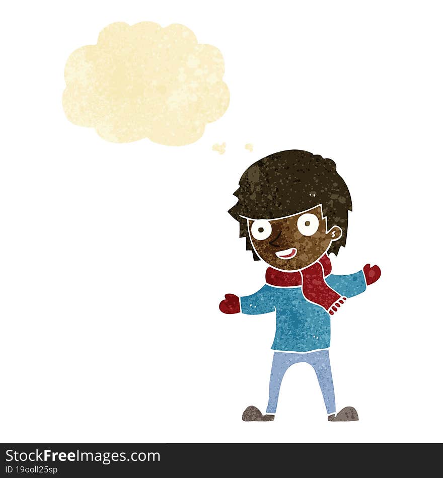 Cartoon Boy In Winter Clothes With Thought Bubble