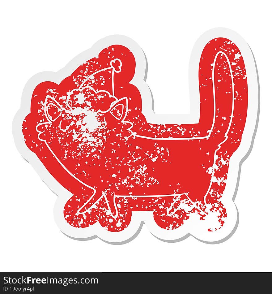 cartoon distressed sticker of a black cat wearing santa hat