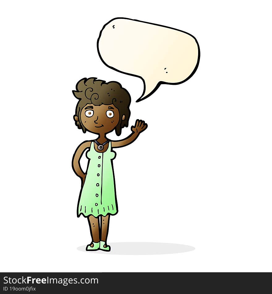 Cartoon Hippie Woman Waving With Speech Bubble