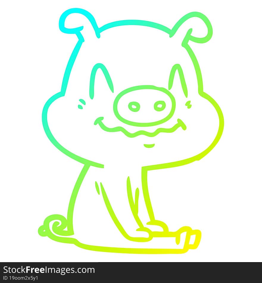 cold gradient line drawing of a nervous cartoon pig sitting